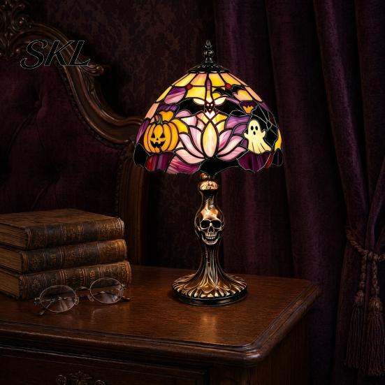 USB Desk Light Halloween Pumpkin Ghost Table Light, Stained Glass Art Night Gothic Bedroom Lamp, Vintage Decorative Lamp for Holiday Party Home