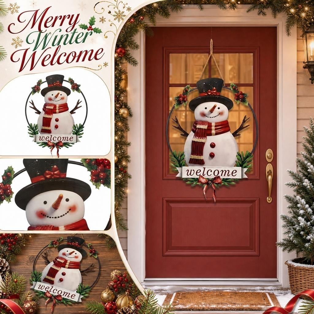 Christmas Snowman Home Decoration Hanging Ornament Metal Wall Art Seasonal Holiday Indoor Outdoor Festive Welcome Sign