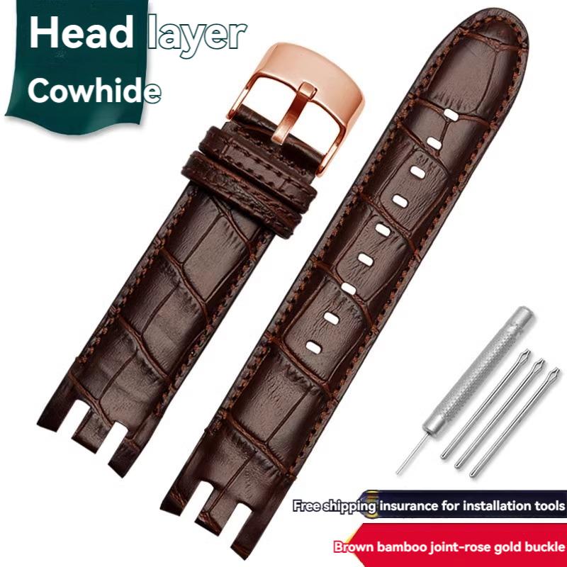 Pulsera de Interfaz Curva Dedicada de 21 mm para Reloj Swatch Correa de Cuero de Vaca para Hombre YRS403 YRS412 YRS402g Correa de Piel de Ternero con Herramientas