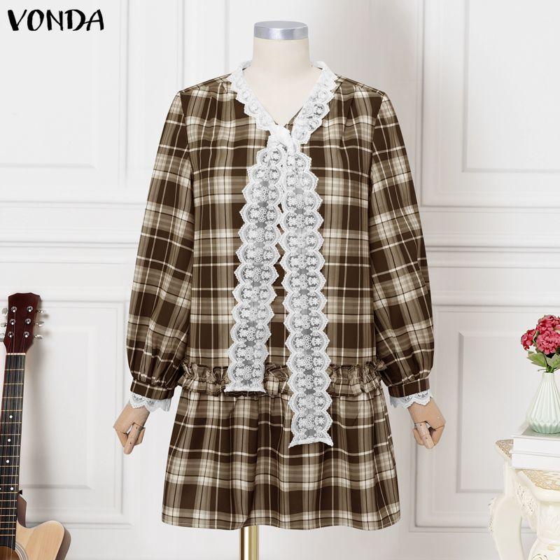 VONDA Elegant Women Casual Long Sleeve Lace Bow Knot Plaid Print Ruffled Dress