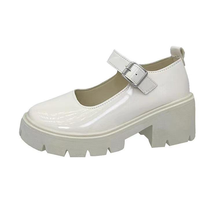Small leather shoes women's spring new British college style bright leather high heels single shoes round head platform Mary Jane shoes women