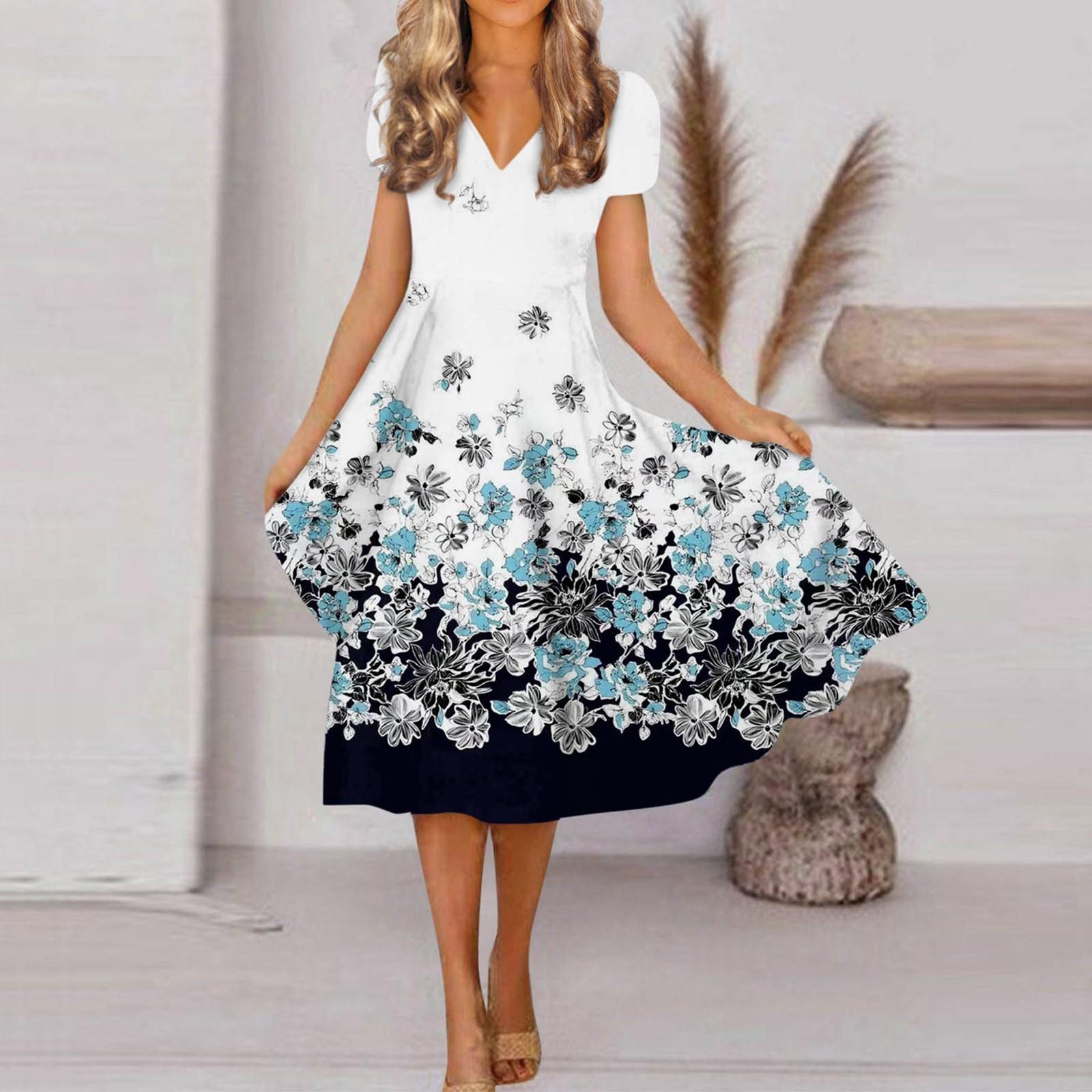 Женское весенне-летнее модное платье с V-образным вырезом и коротким рукавом с цветочным — фото 7