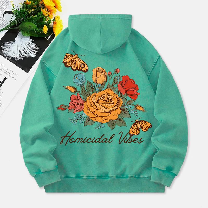 

Женское худи с принтом бабочек и цветов, винтажный стиль, хлопковый пуловер, потертый карман, оверсайз, одежда с капюшоном 3XL