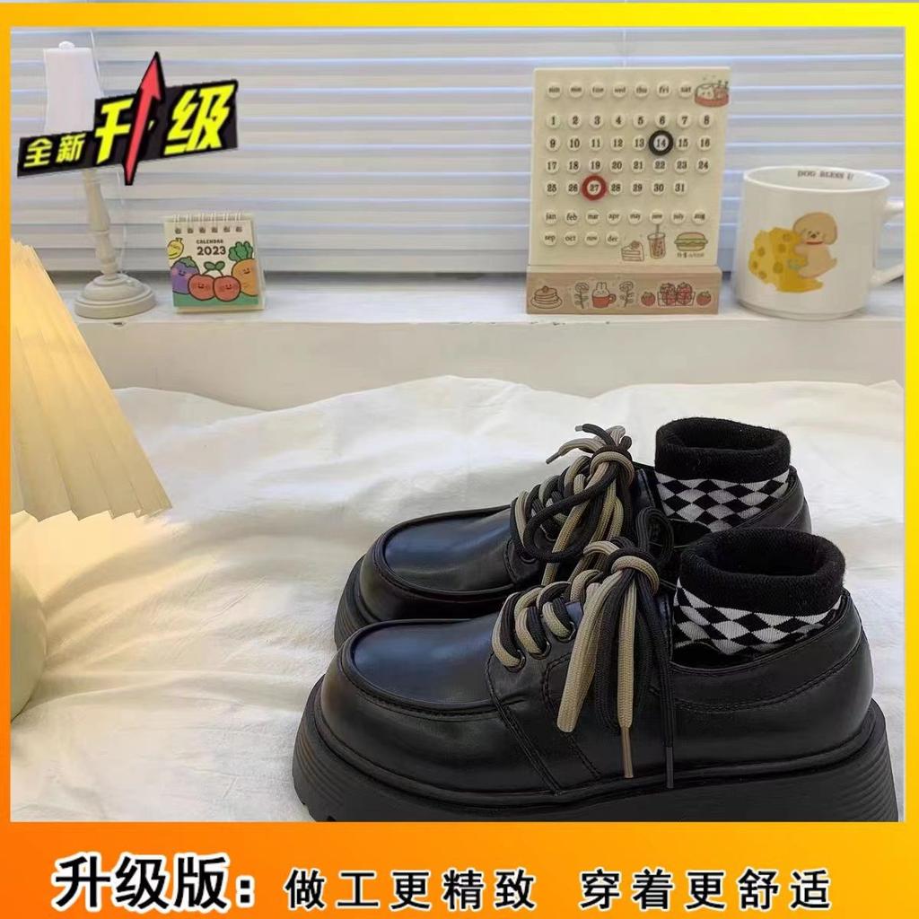 Lace-up black small leather shoes women's autumn 2025 new versatile thick-soled heightening British style thick-heeled retro single shoes