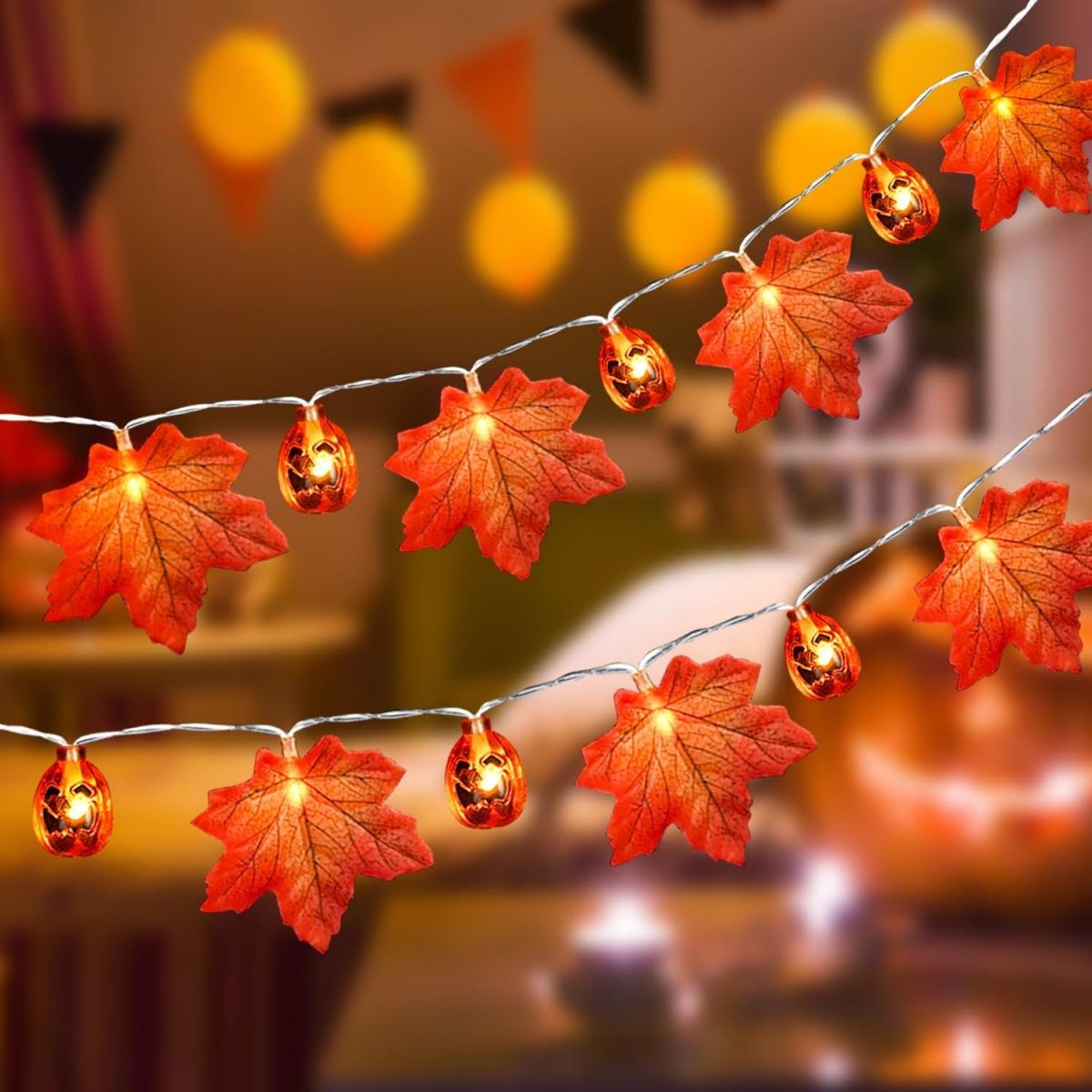 

1PC Halloween Pumpkin & Maple Leaf LED String Lights Autumn Decorative Lamp Battery Operated For Home Party Garden Autumn Decor 1.5M10LED теплый белый