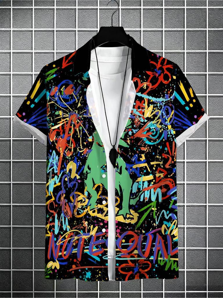 Men'S Urban Street Style Aloha Shirt, Abstract Graffiti Print, Casual Vacation Shirt, Suitable for Fans of Cool And Trendy Styles