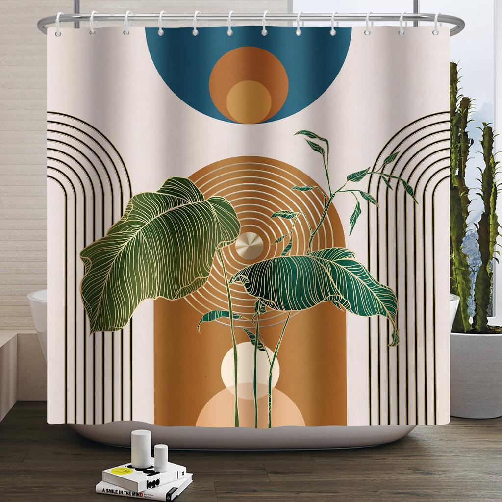 Abstract Bohemian Shower Curtains Medieval Arch Sun Leaf Modern Minimalist Line Geometric Decorative Bathroom Waterproof Curtain