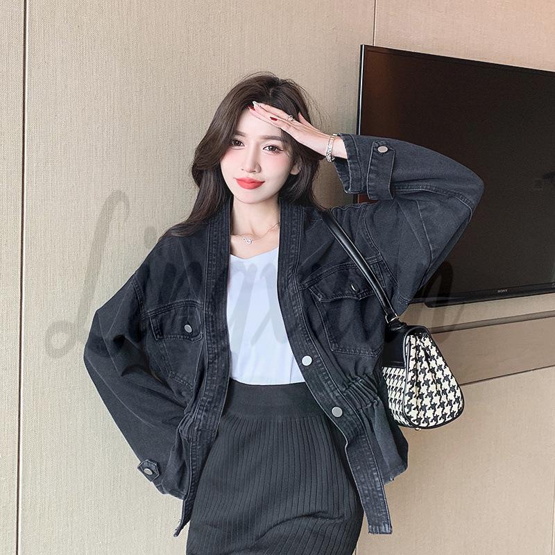 

2026 Autumn Women s Korean Style Loose-Fit Retro Denim Jacket with Versatile Waist-Cinching One Size чёрный