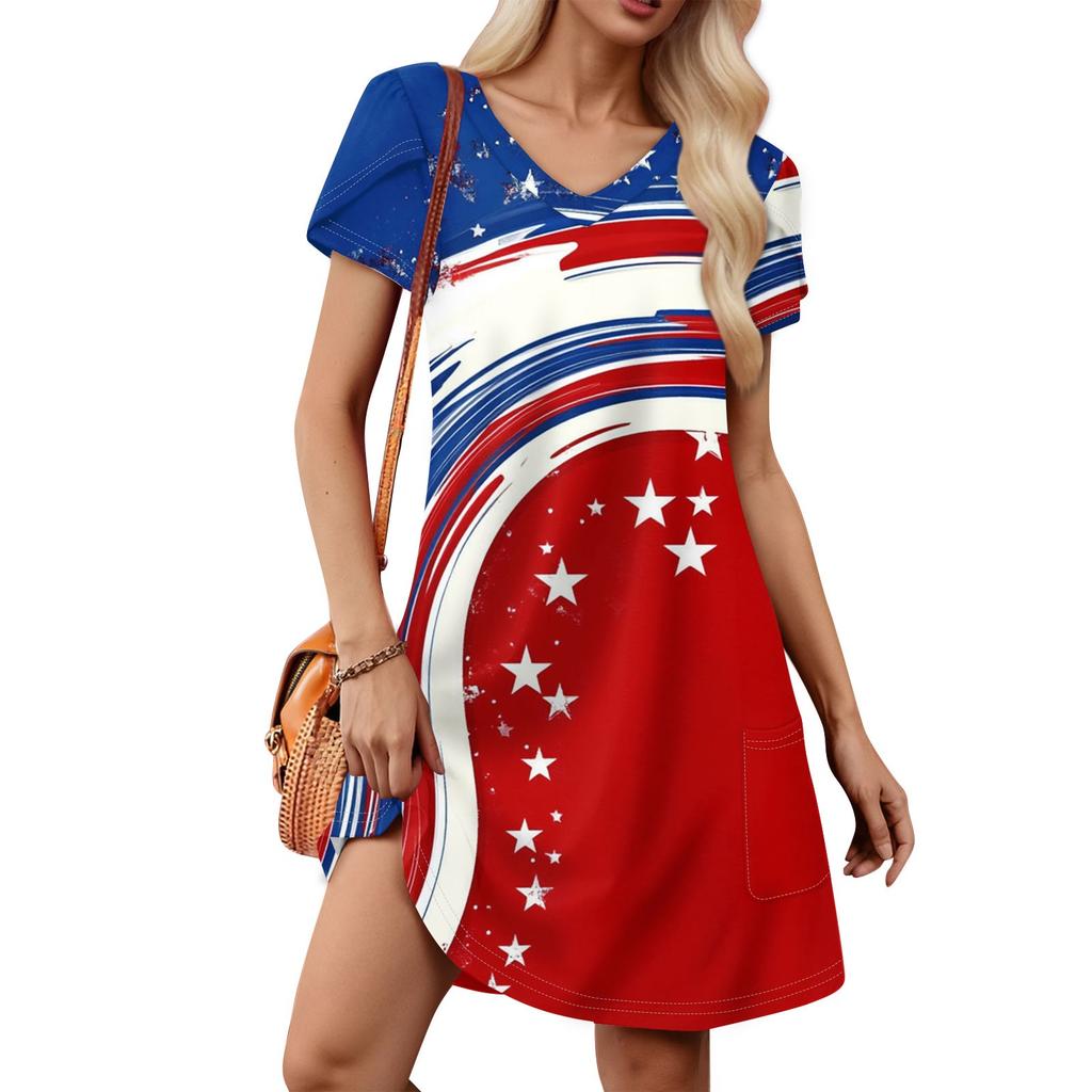 Women's Petal Short Sleeve V Neck Loose Fit Independence Day Print Swing Sundress With Pockets