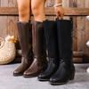 Winter 2025 Fleece Belt Buckle Rivet Mid-heel Knight Boots Plus Size Thick Heel Western Boots Women
