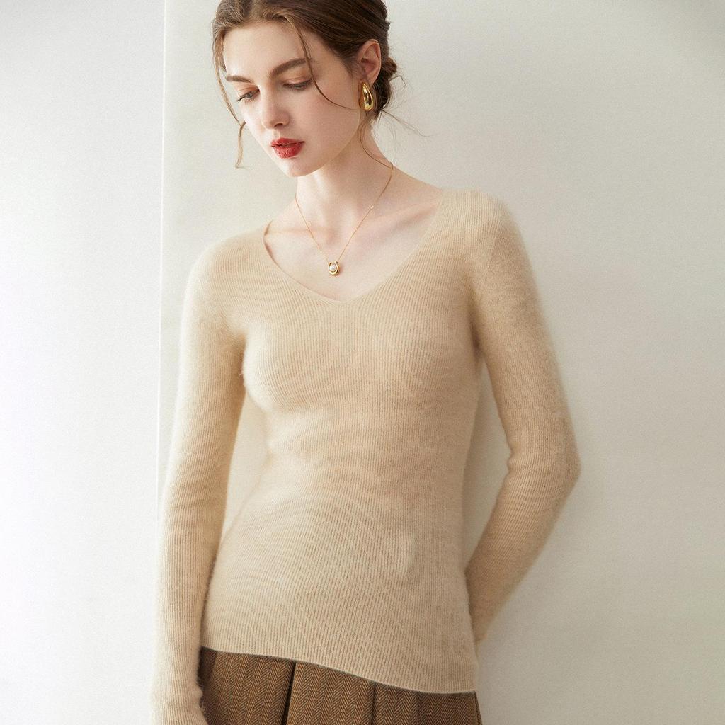 Women's Slim Fit V-Neck Crew Neck Sweater, 100% Pure Cashmere, Autumn/Winter Knit Base Layer Sweater