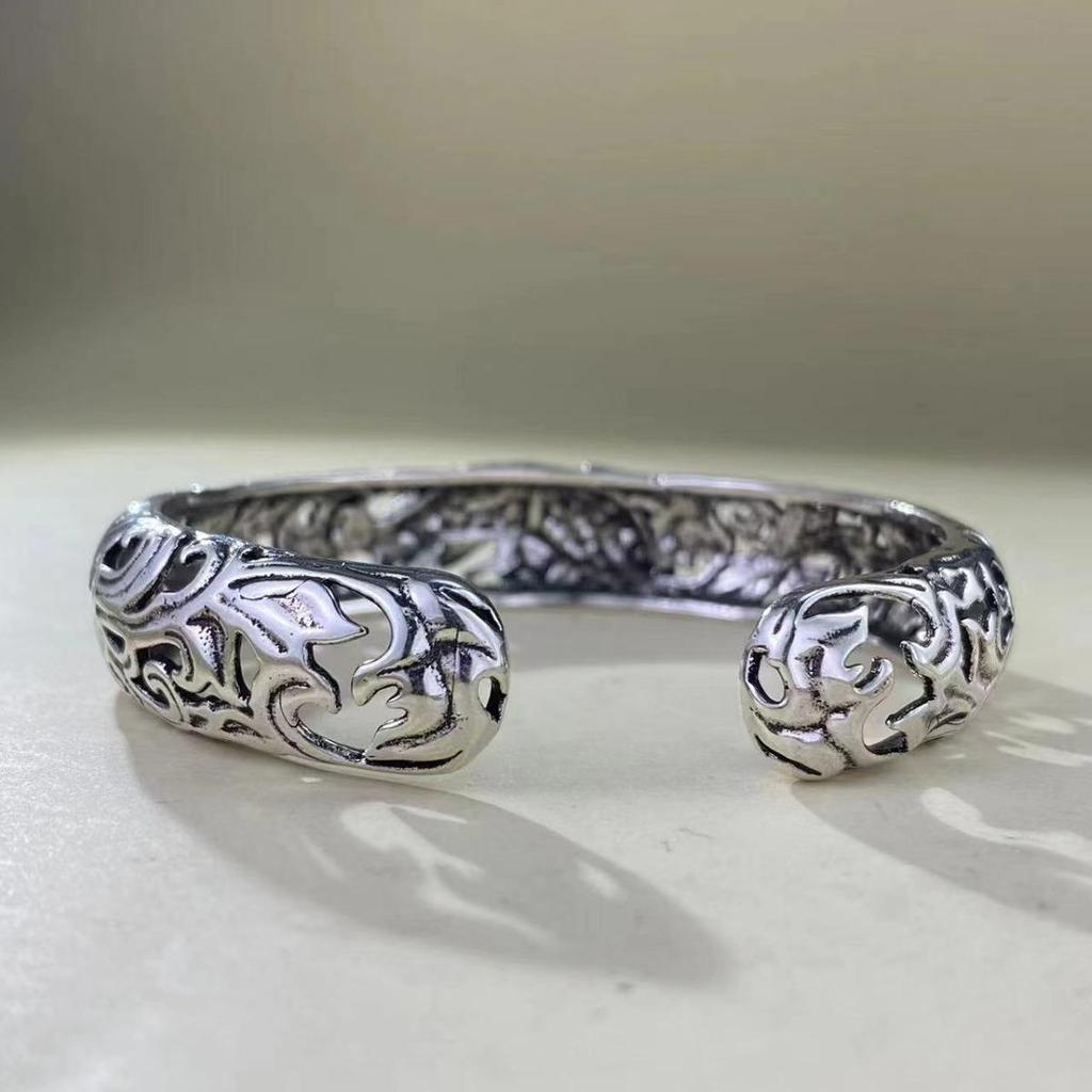 Yamagata Silver Men's Retro Open Bracelet with Miscolored Koi Arabesque Design