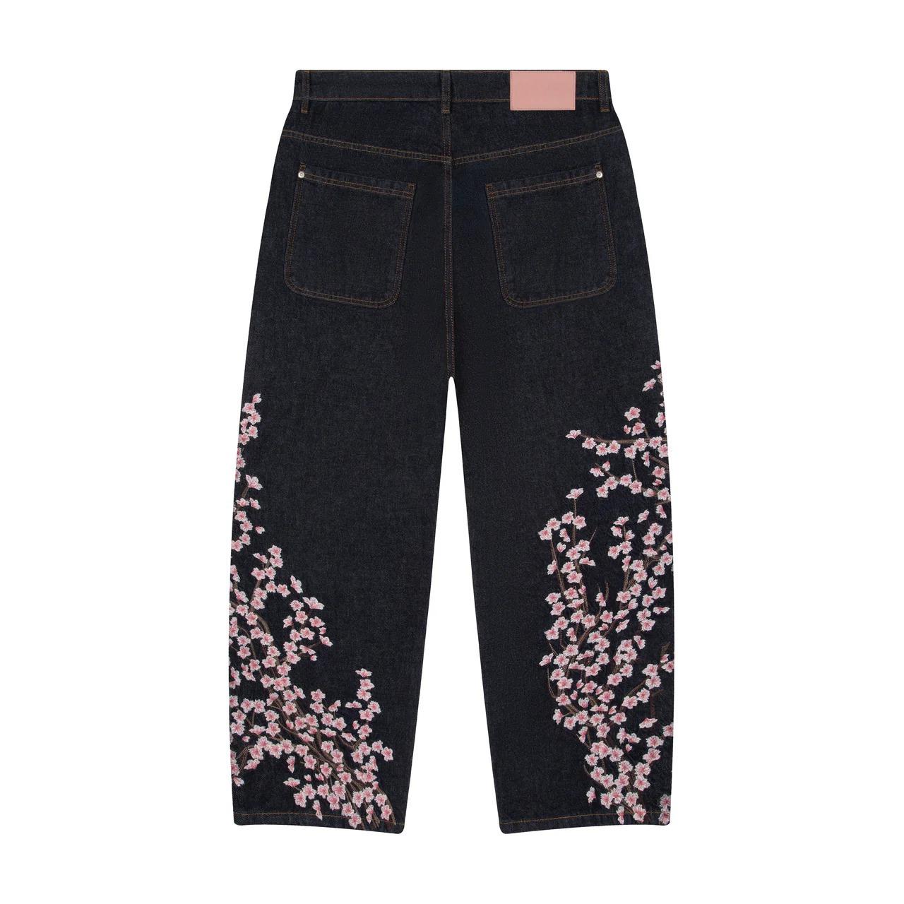 Unisex Retro Cherry Embroidered Jeans Straight Leg Women Streetwear Men Vintage Y2K Denim Pants S