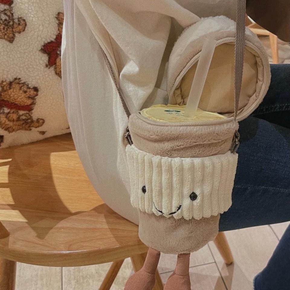Cute Fun Bag, Playful One-Shoulder Diagonal Span Bag, Cartoon Plush Doll Bag, Milk Tea Cup, Messenger Bag.
