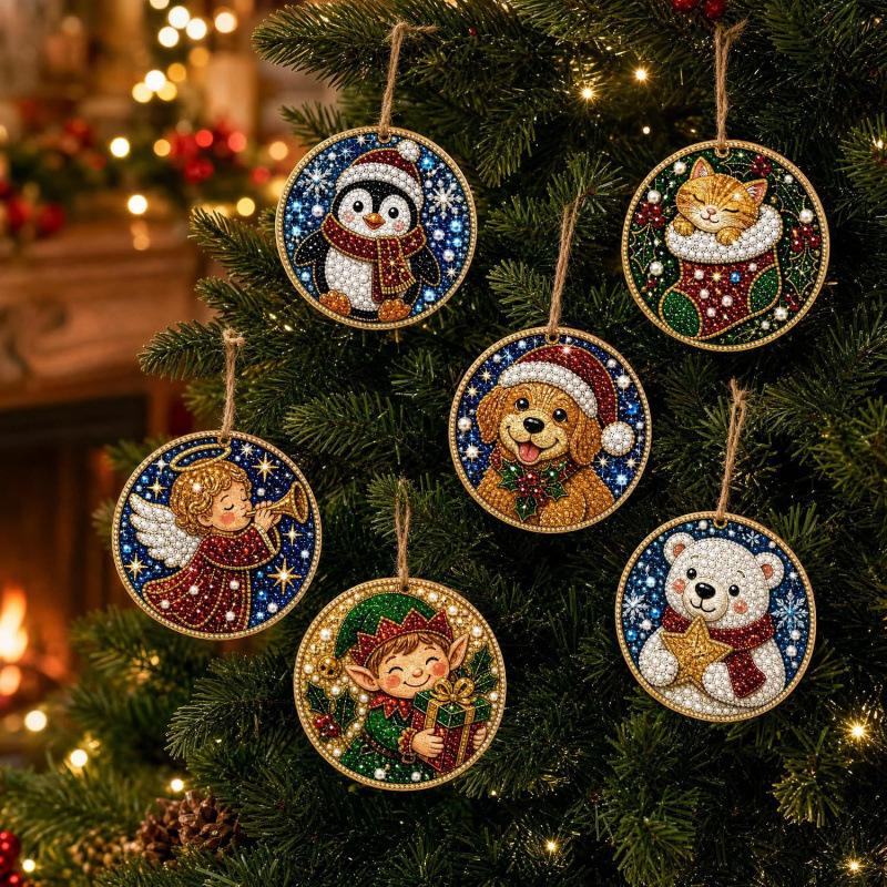 6pc Christmas Pearl Diamond Painting Kit 5D Full Round DIY Diamond for Xmas Tree Hanging Craft Pendent Holiday Christmas Decor