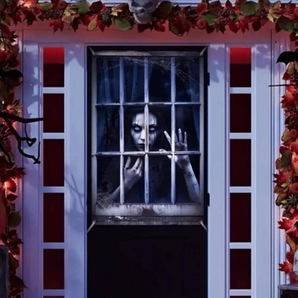 2 st Super Skrämmande Halloween Bakgrunder Blodig Flicka Fönstergardin Spökhus