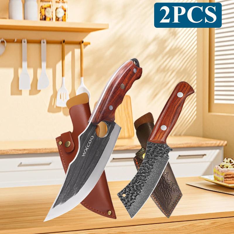 WXCOO Stainless Steel Kitchen Knife with Wooden Handle Multifunctional Butcher Knife Sharp Edge Hand Forged Butcher Knife