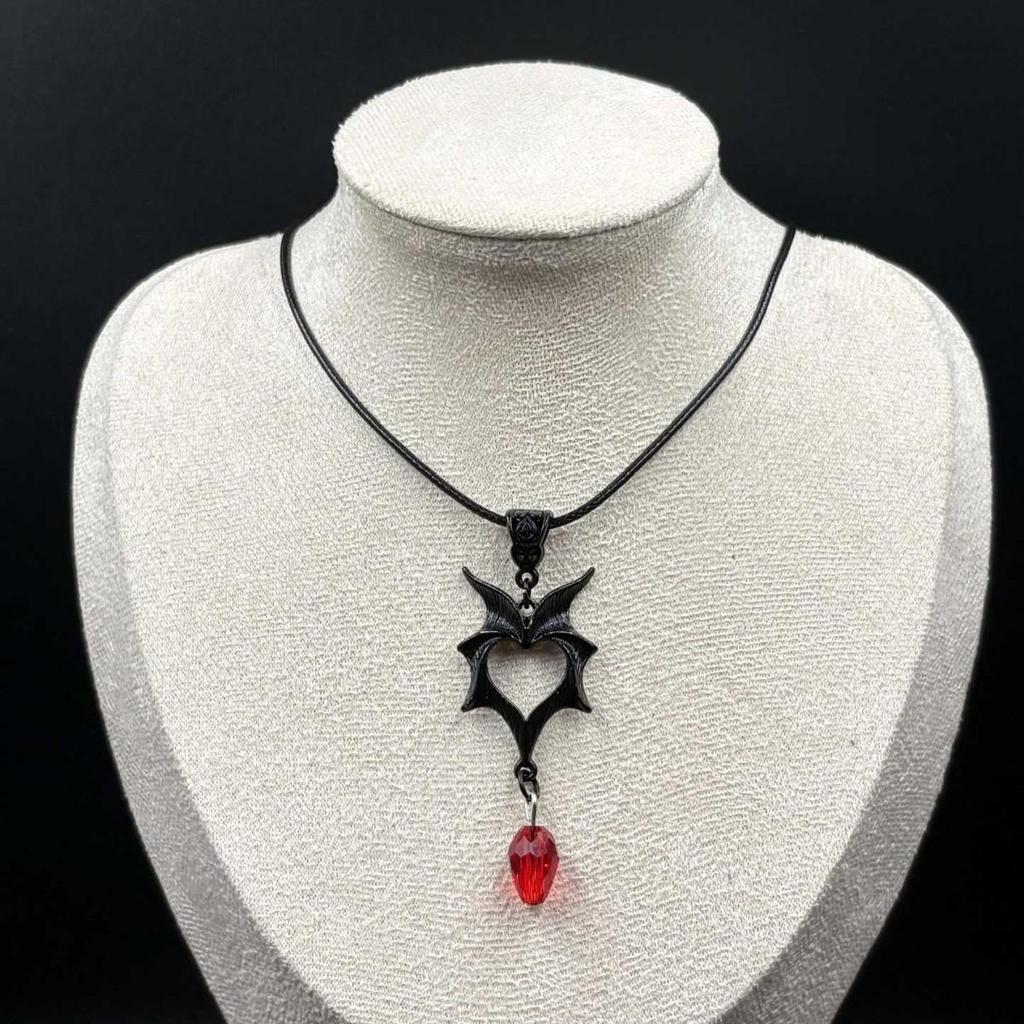 Gothic Ruby Heart Bat Wing Pendant Necklace