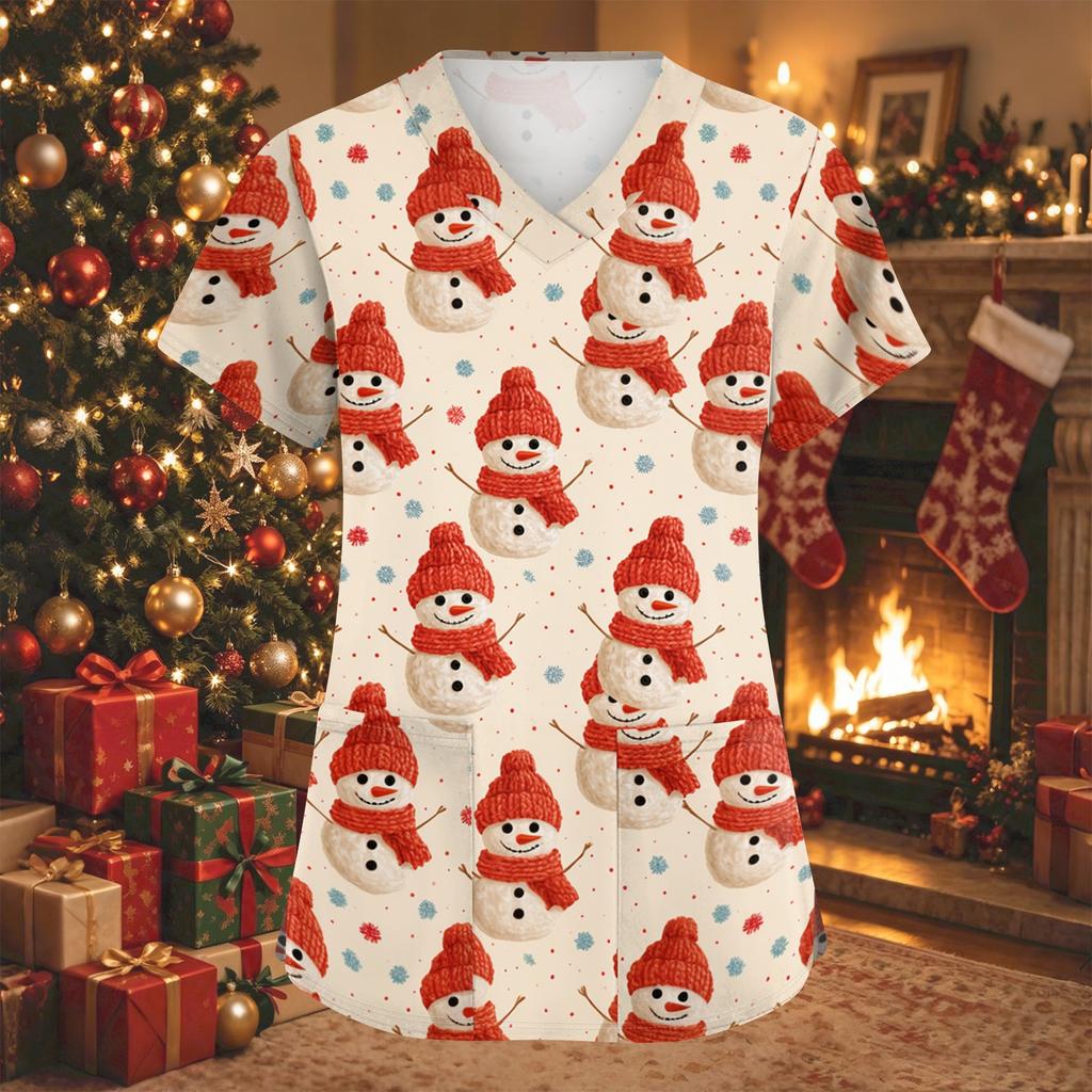 Women's Christmas Print V-Neck Short Sleeve Work Shirt with Pockets Caregiver Uniform Top