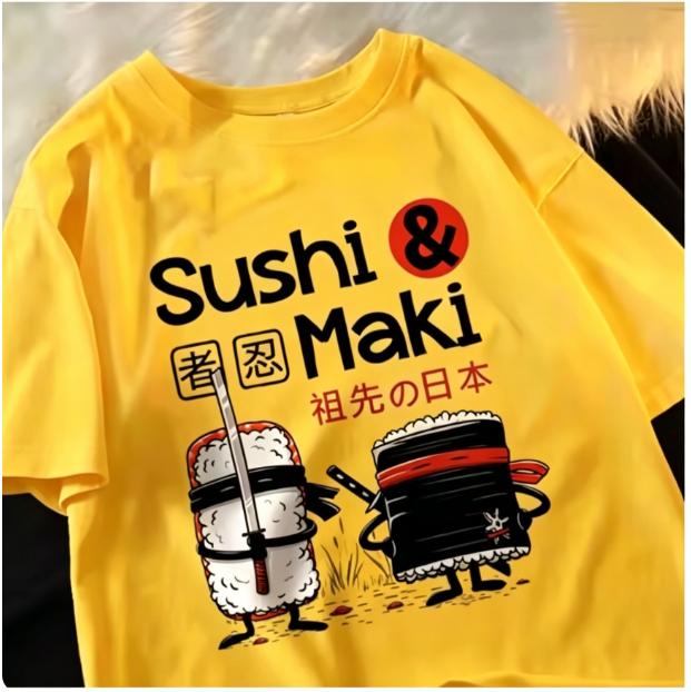 Unisex Cotton TShirt Sushi Print Loose Fit Crewneck Fashion Top for Unisex and WoUnisex Moisture Wicking Breathable Graphic T Shirts
