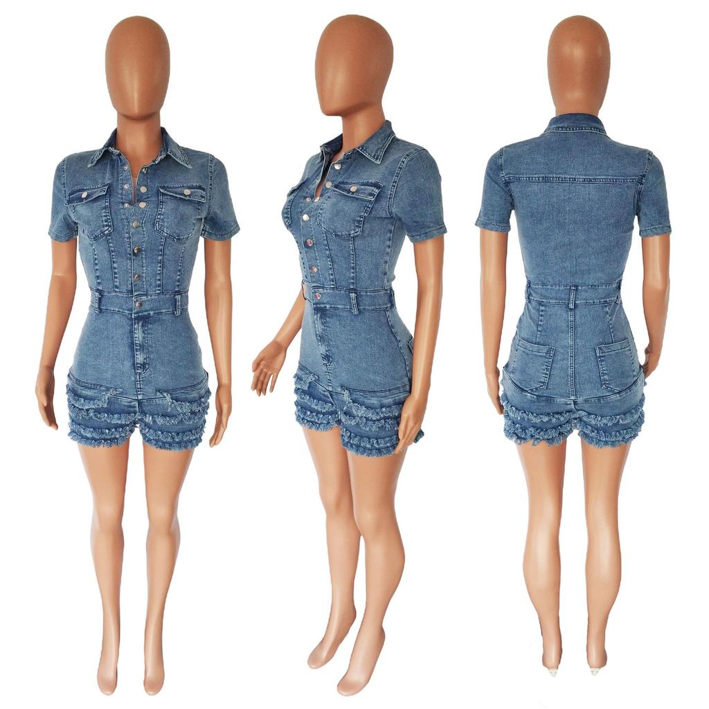 Lente Zomer Dames Streetwear Denim Jumpsuits Turn-Down Kraag Enkelrijige Korte Mouw Kwast Skinny Rompers