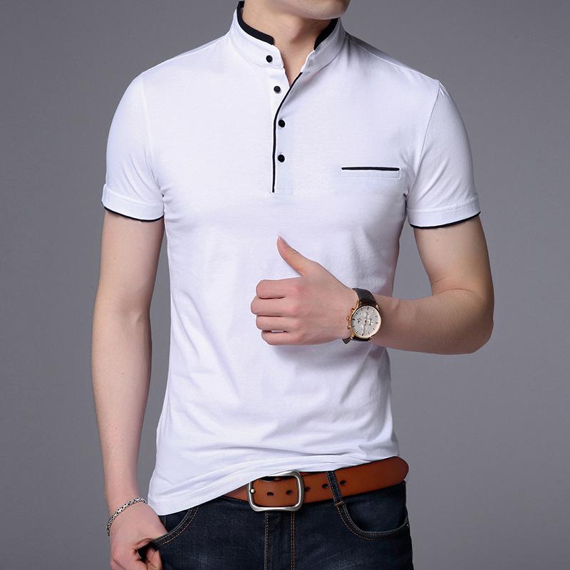 Men's Casual and Fashionable Solid Color Short Sleeved Stand Up Collar T-shirt Summer Versatile and Comfortable Top