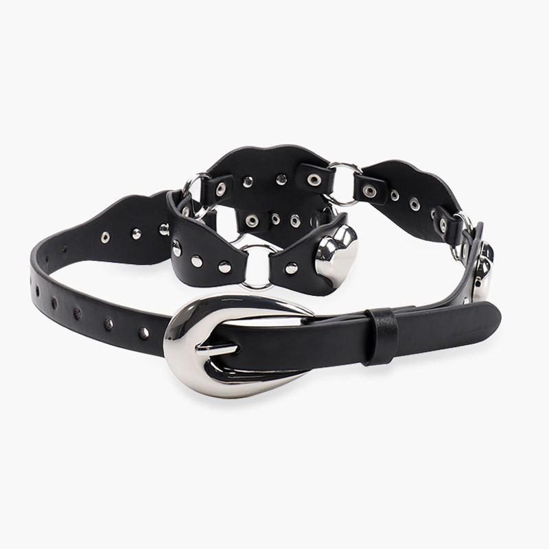 Womens PU Leather Belt With Heart Shape Rivets Punk Street Style Adjustable Waistband Jeans Casual Outfit