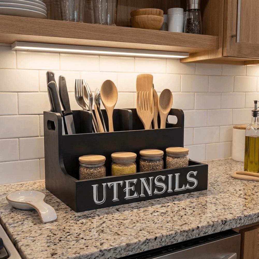 Wooden Spoon Fork Storage Box Space Saving Cutlery Storage Box Tableware Storage Rack  Desktop
