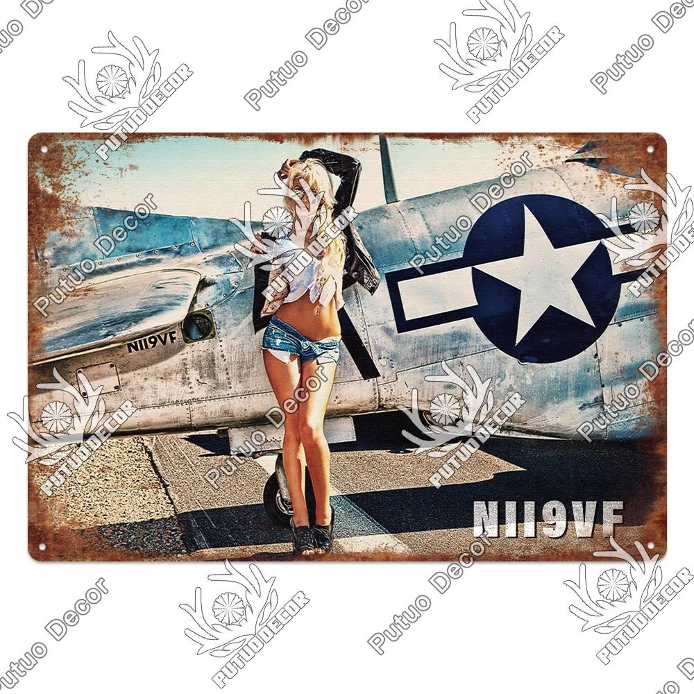 Putuo Decor Fighter Plane Vintage Tin Sign Plaque Metal Plate Retro Posters Wall Art Decoration for Garage Man Cave Pub Bar Club