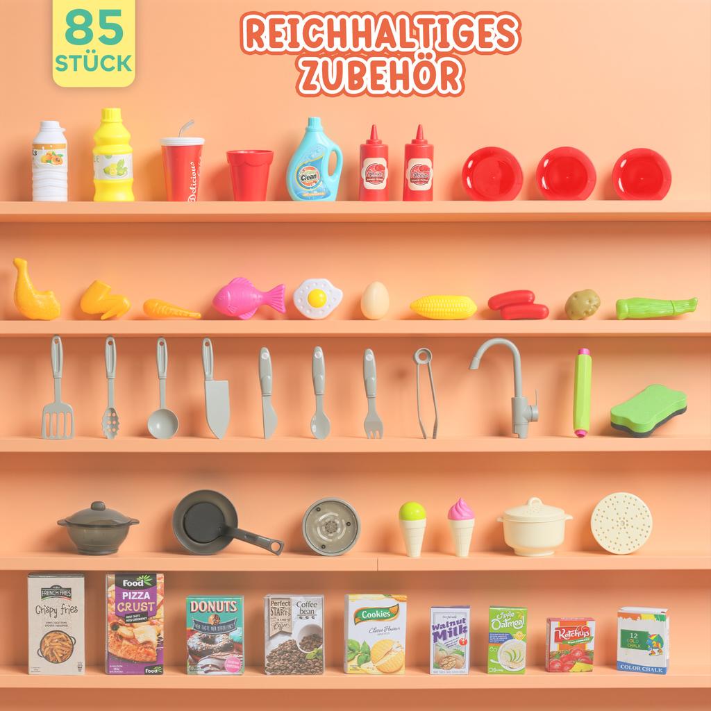 Cocina de Juguete con Agua Corriente, 85 Piezas de Accesorios, Grifo Eléctrico, Luces, Sonidos, para Niños de 3 a 6 Años, Plástico, Verde