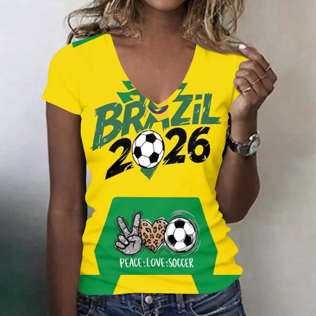 Women's V Neck Lightweight Short Sleeve Top Soccer Inspired Print Casual Summer Shirt for Canada USA Mexico Fans