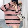 Autumn and Winter New Retro Temperament Loose Round Neck Rough Edge Holes Lazy Style Striped Knitted Pullover Sweater Women
