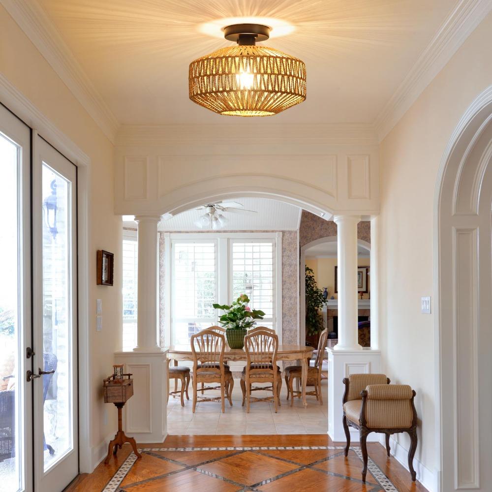 Rattan Ceiling Lamp E27 LED Lights Hand Woven Bedroom Hanging Lamp for Ceiling Light Modern Home Decoration Light Fixture 30CM