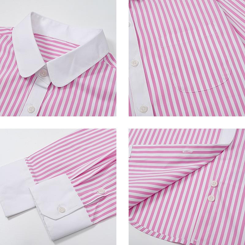 Women's Casual Pink and White Striped Long-Sleeve Lapel Shirt - Preppy, Age-Reducing Style