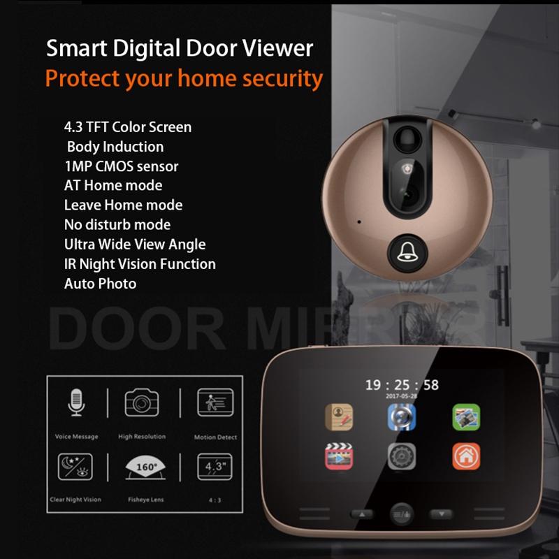 LCD Digital Door Viewer Doorbell Camera 1800mah Electronic Cat Eye Camera Photo Monitor Home Wireless Video Doorbell 4.3Inches