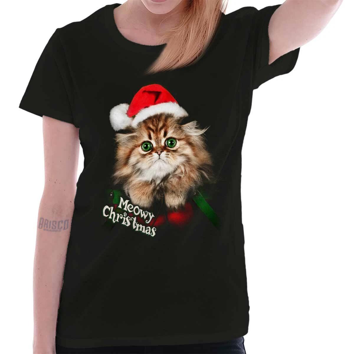 Funny Xmas Cat Cute Meowy Christmas Kitten Womens Top Junior Graphic Tee XXL