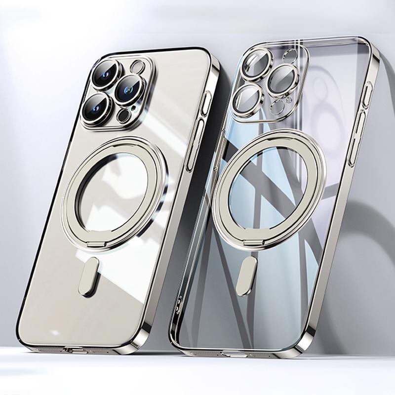 

For iPhone 15 Pro Max Magnetic Case Rotatable Ring Kickstand PC+TPU Phone Cover with Lens Film Titanium Gold