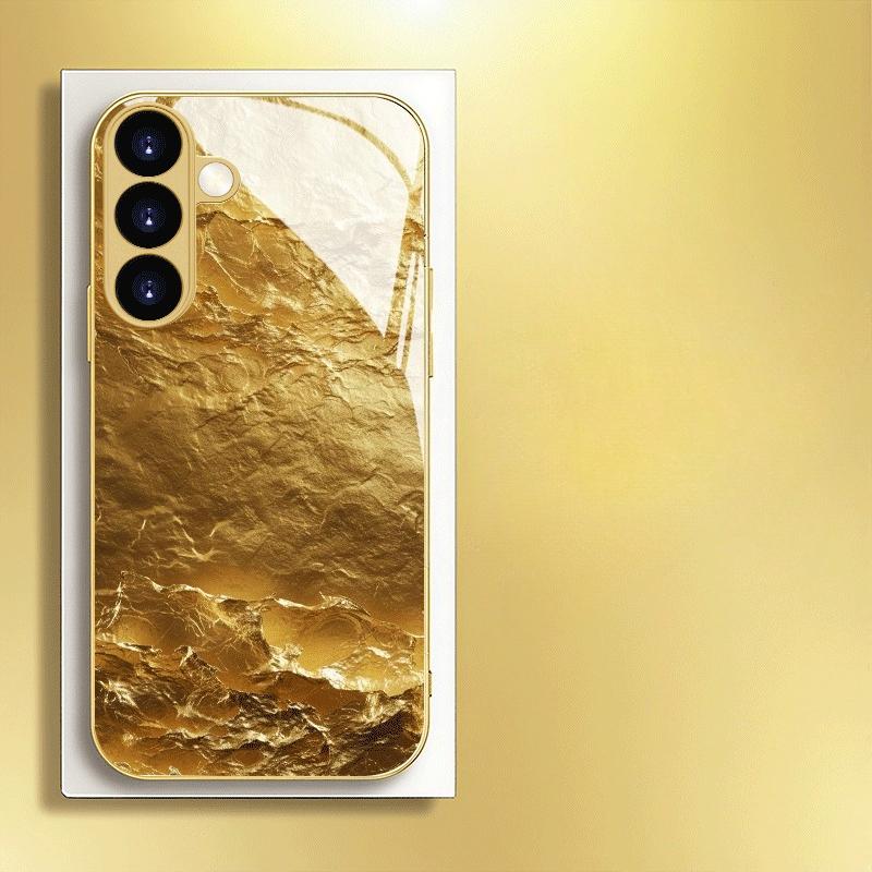 Gold-plated tempered glass phone case, compatible Galaxy S26, S25, S24, S23, and S22 Ultra Plus. Gold textured pattern.