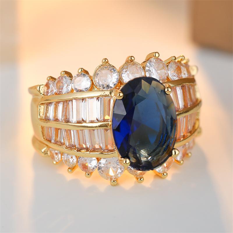 Gorgeous Inlaid White Blue CZ Women's Ring Trendy Gold Color Geometry Daily Wear Party Jewelry Anniversary Gift