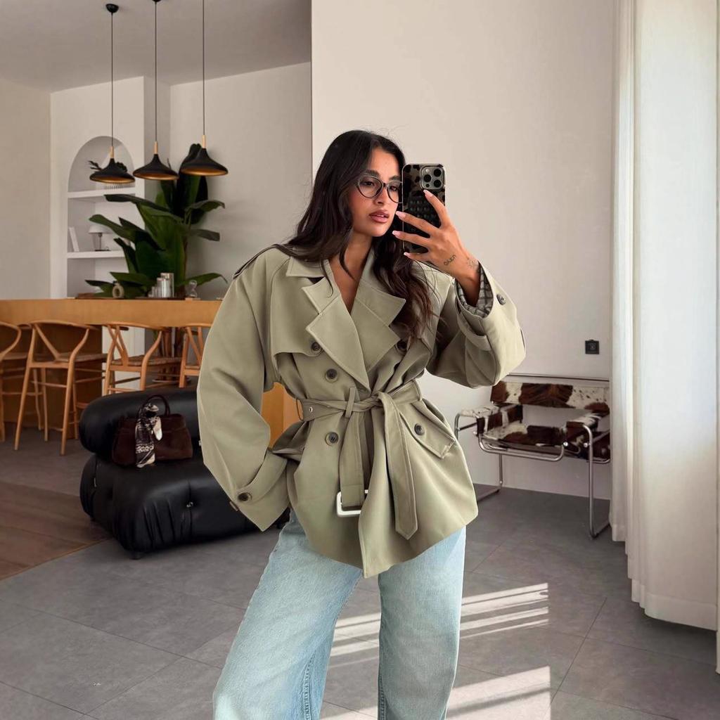 2025 cross-border European and American women's clothing Amazon V-neck long-sleeved button-down workplace casual pants trench coat fashion suit