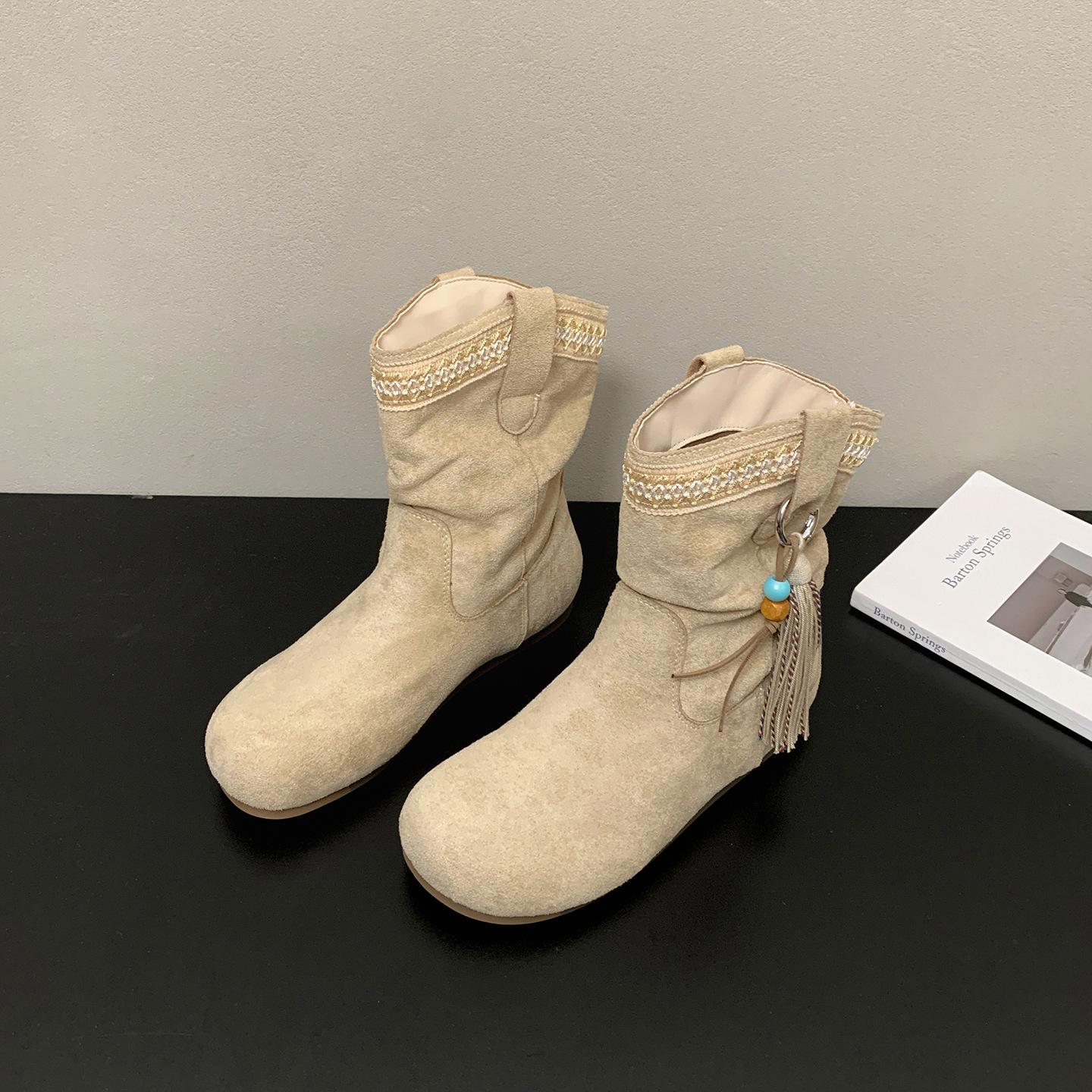 

Queen Fan White Retro Inner Height Increasing Flat Boots Children 2025 New Autumn Versatile Skinny Birkenstock Short Boots 35 бежевый