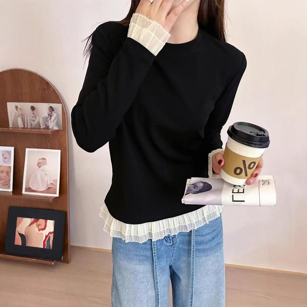Spring 2025 Versatile Lace Patchwork Long Sleeve Knit T-Shirt