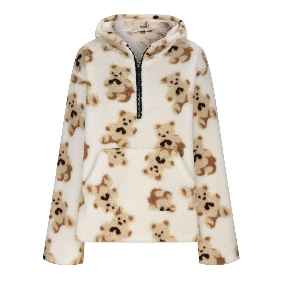 Damen Bären Half-Zip Mantel Bedruckter Doppellagiger Fleece Pullover Hoodie Lässig Locker Tasche Langarm Pullover