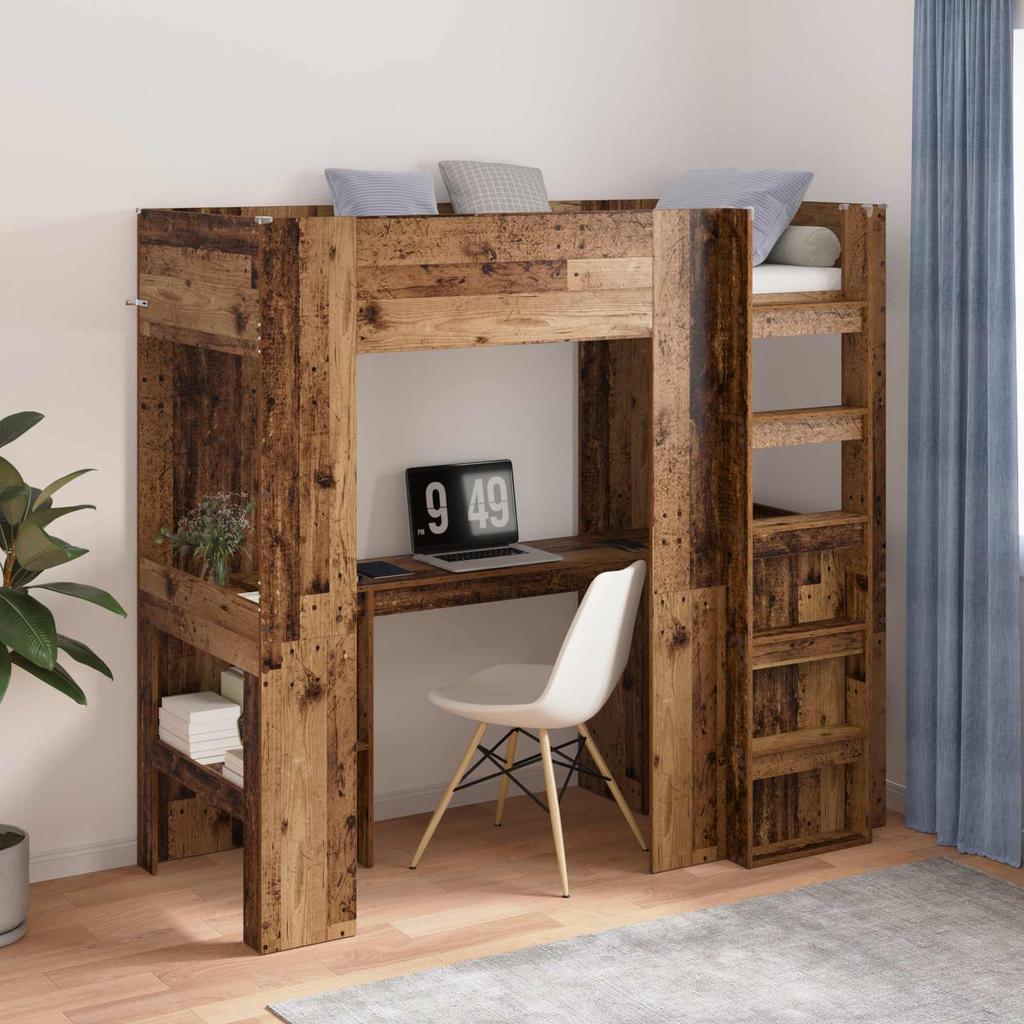 Loft Bed Frame with Desk Reclaimed Wood Look 75 x 190 cm