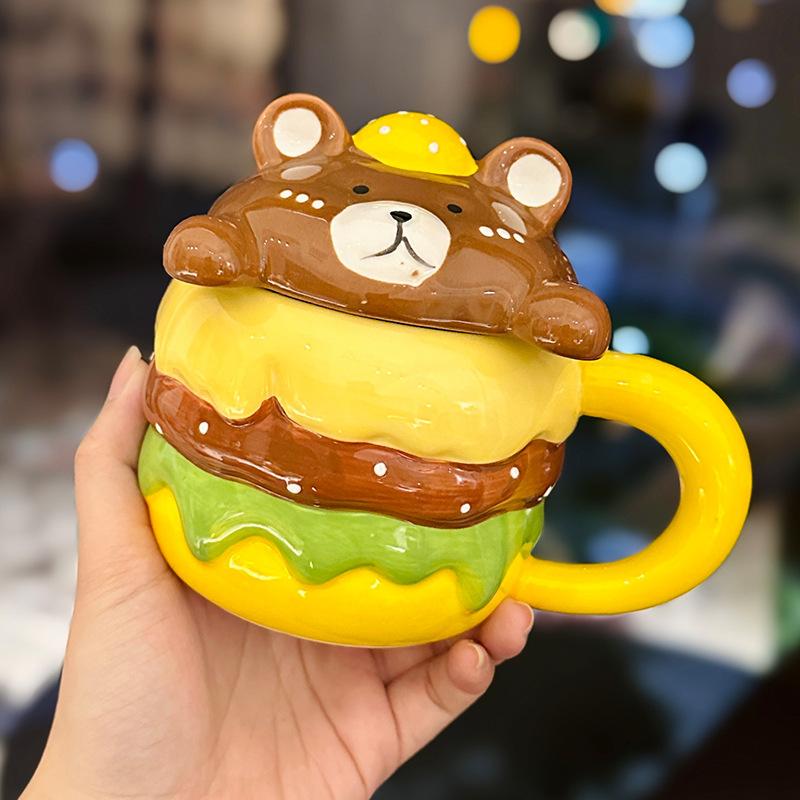Creative Design Ceramic Burger Mug with Lid Cute Cartoon Animal Shape Household Drinking Cup Souvenir