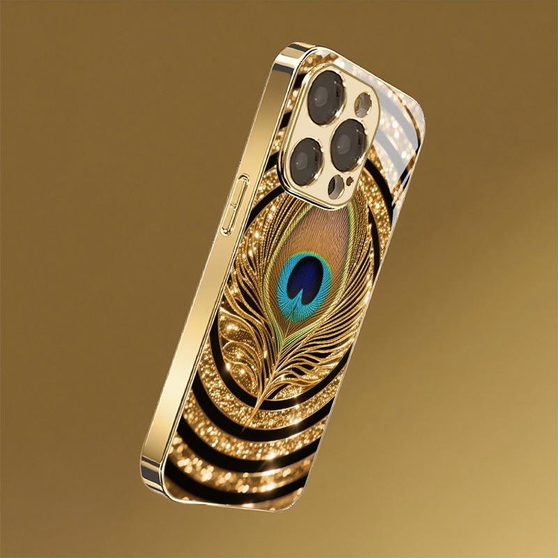 Luxury Peacock Feather Pattern Gold Metallic Paint Glass Phone Case For iPhone 17 16 15 14 13 12 11 Pro Max Plus 17Air 16E Cover