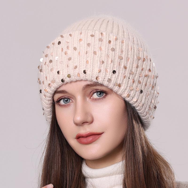 Pletená čepice z králičí kožešiny se sekviny Zimní teplá vlněná čepice Módní dámská čepice přes hlavu s ochranou uší