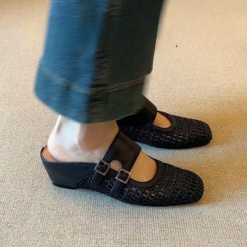 Simple and versatile square head woven hollow double belt buckle inner heightening bag head slippers beige