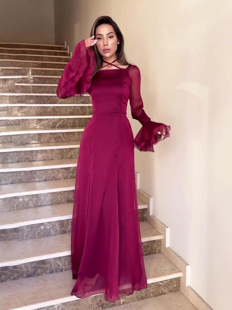 Gentle Autumn Tie-Up Ruffle Slim Fit Dress with Flowing Fabric (2024 European & American Collection)