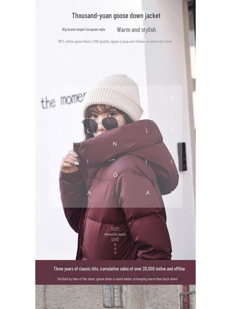 2024 Women's High-End Over-Knee White Goose Down Winter Coat